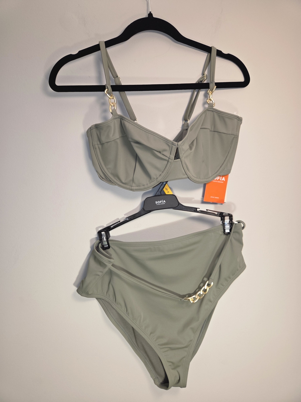 SOFIA Sage Green Underwire Bikini Set with Gold Chain Accents
